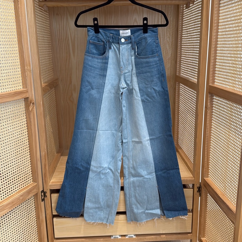FRAME Women's Blue Split Seam Two-tone High-rise Wide-leg Jeans